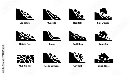 Black and white icons depicting various types of geological hazards and landforms