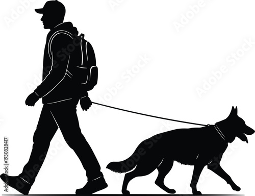 Man walking dog silhouette, pet owner outdoor activity, daily routine and companionship concept, urban lifestyle scene, black vector illustration