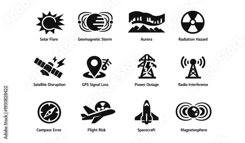 Space weather icons: solar flare, geomagnetic storm, aurora, radiation, satellite, gps