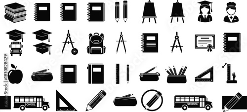 School education icon silhouette illustration set, books, pencils, graduation caps, buses, rulers and backpacks theme - flat vector illustration