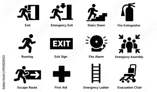 Emergency exit signs and safety equipment icon set for evacuation and safety procedures