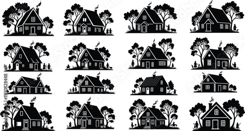 Set of cozy countryside houses with trees and family silhouettes, cottage home collection isolated black vector illustration rural lifestyle bundle -flat vector illustration