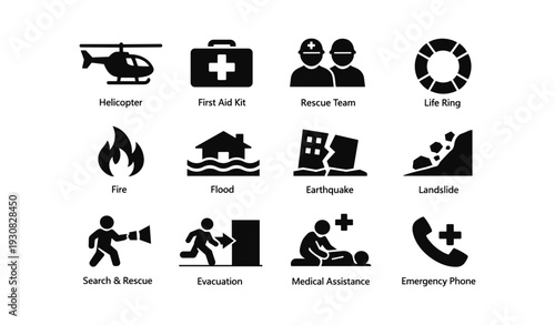 Emergency response icons: helicopter, rescue team, first aid kit, life ring, and more