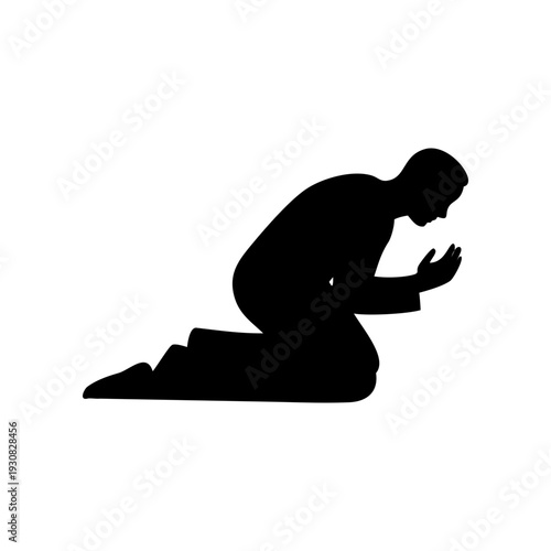 Silhouette of a person kneeling in prayer or meditation pose on a plain background