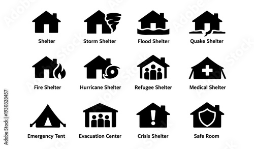 Shelter icons: storm, flood, quake, fire, hurricane, refugee, medical, emergency, crisis, safe room