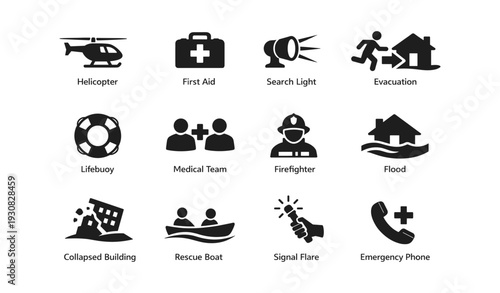 Emergency response icons: helicopter, first aid, evacuation, lifebuoy, firefighter