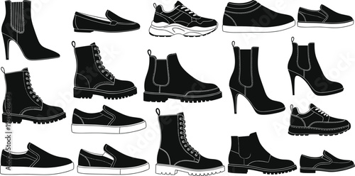 Shoe silhouette vector illustration, diverse footwear styles including sneakers, boots, loafers, and slip-ons representing fashion and retail themes - flat vector illustration