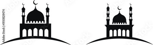 Islamic mosque silhouette set with domes and minarets crescent symbols, black Ramadan flat vector illustration collection