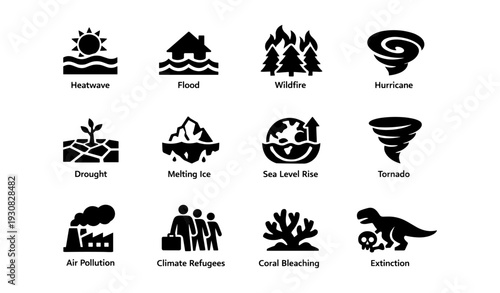Climate change icons: heatwave, flood, wildfire, hurricane, drought, melting ice, sea level rise, tornado