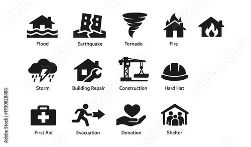 Disaster preparedness icons: flood, earthquake, tornado, fire, storm, aid