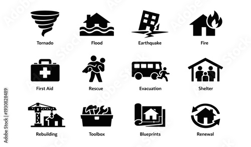 Natural disaster icons: tornado, flood, earthquake, fire, first aid, rescue, evacuation