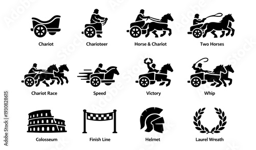Ancient roman chariot race icons featuring chariots horses speed victory gladiator