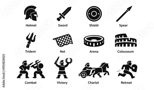Ancient roman gladiator symbols: helmet, sword, shield, spear, arena