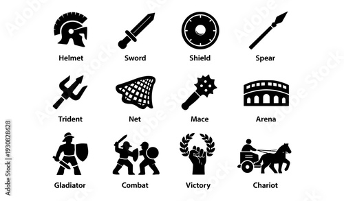 Ancient roman warfare symbols: helmet, sword, shield, spear, gladiator, chariot