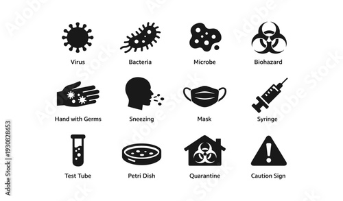 Virus and germ prevention icons: mask, biohazard, quarantine, safety symbols