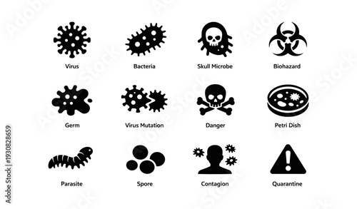 Microbiology icons: virus, bacteria, and biohazard symbols