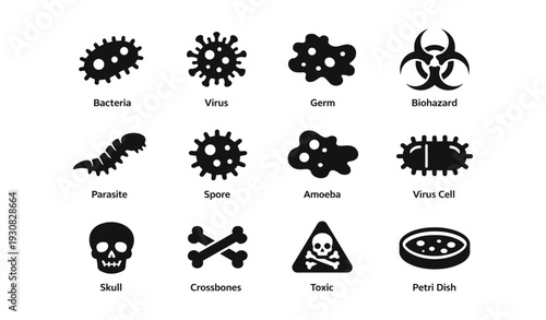 Microbial icons set: bacteria, virus, germ, biohazard, parasite, spore, amoeba, toxic symbols