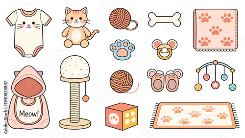 Cute Baby Sticker Set with Cartoon Cat-Themed Onesie Hoodie Yarn Mobile Blanket and Toys for Web Design Projects