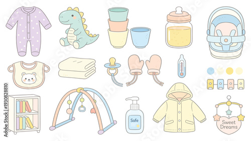Playful Collection of 16 Cartoon Baby Items with Pastel Palette Arranged as Grid – Onesie, Toys, Blocks & More for Website or Social Media Platform
