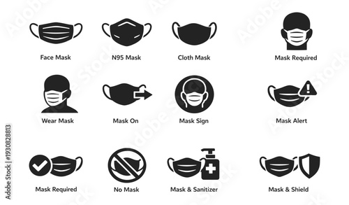 Face mask icons: n95, cloth, wear, alert, sanitizer, shield symbols set