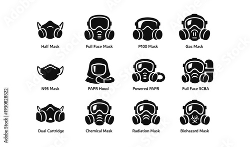 Types of respiratory protective masks: icons of various designs and uses