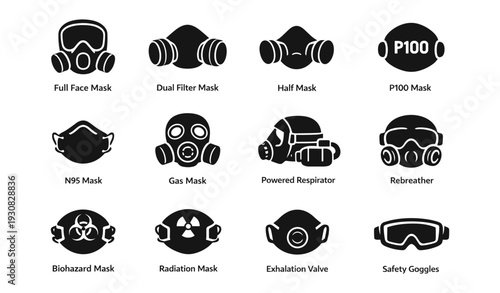 Various respiratory safety masks and goggles icons collection