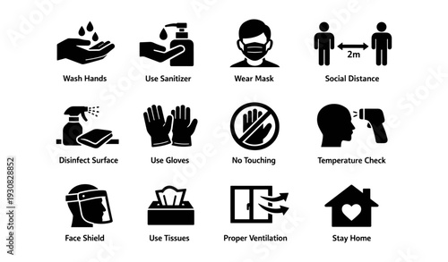 Covid-19 safety icons: hygiene, protection, social distance, masks, sanitizer use