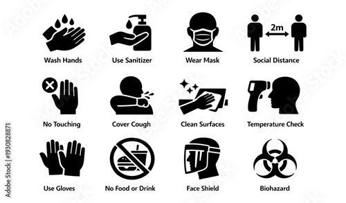 Essential covid-19 safety icons: hygiene practices and health measures
