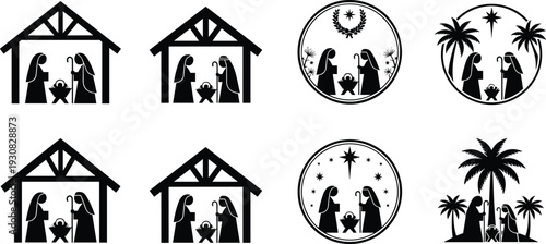 Nativity silhouettes collection, Mary Joseph and baby Jesus scenes, Christmas religious icons with manger and star, Christian holiday symbols, black vector illustration