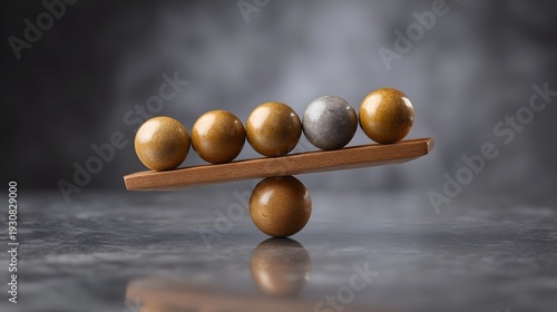 Wooden plank balanced on a sphere with five spheres of varying colors on top illustrating concepts of balance and imbalance