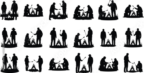 Camping silhouette illustration set, people around campfires roasting marshmallows and socializing in outdoor leisure theme - flat vector illustration