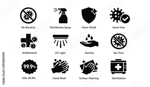 Set of hygiene and disinfection icons for health and safety