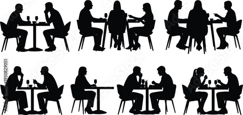 People dining silhouette collection, couples and groups sitting at restaurant tables, eating drinking conversation scenes, social lifestyle concepts, black vector icons