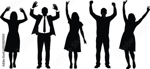 Celebratory people silhouette vector illustration, group of figures raising arms in excitement representing joy, greeting, and unity - flat vector illustration