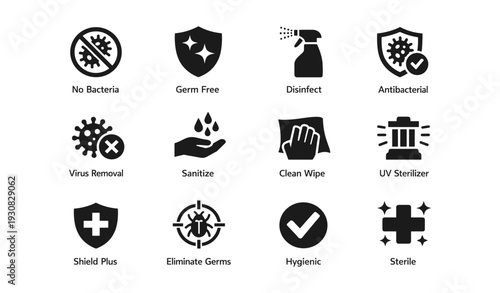 Disinfection symbols collection: germ-free, sanitization, hygiene, virus removal, antibacterial protection