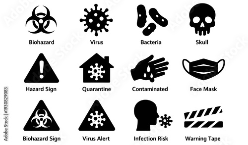 Virus and biohazard safety icons including skull, quarantine, and face mask symbols