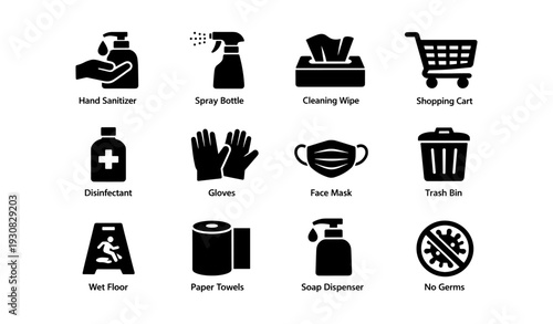 Hygiene and safety icons: hand sanitizer, face mask, gloves, cleaning wipes