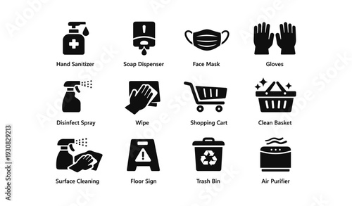 Essential hygiene and shopping icons including sanitizer, soap, face mask, gloves, cleaning tools, and baskets