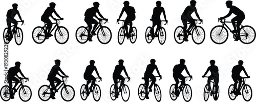 Cycling silhouette vector illustration, diverse riders in motion showcasing bicycle dynamics, sport, fitness, and lifestyle themes - flat vector illustration