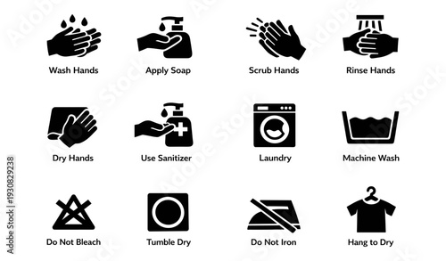Hand hygiene and laundry care symbols: wash, dry, and sanitization icons