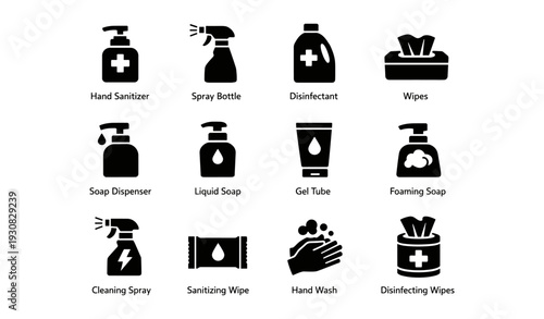 Hand hygiene icons: sanitizer, spray, disinfectant, wipes, soap, gel, cleaning, sanitizing