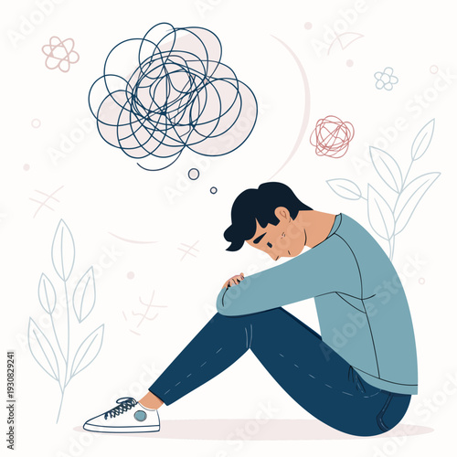 overthinking and anxiety concept illustration of a young adult with chaotic thoughts and tangled lines
