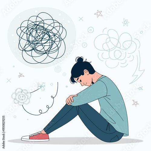 overthinking and anxiety concept illustration of a young adult with chaotic thoughts and tangled lines
