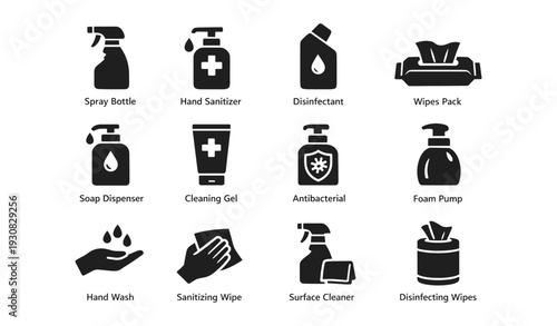 Cleaning and sanitizing icons: disinfectant, hand sanitizer, wipes, spray, soap, antibacterial