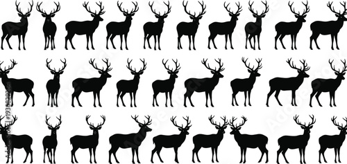 Deer silhouette illustration set, antlered wildlife in varied postures arranged in grid pattern for nature and animal theme - flat vector illustration