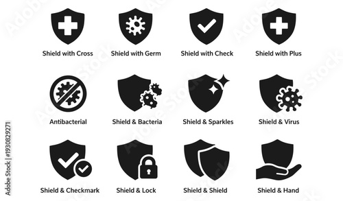 Variety of shields with crosses, checkmarks, locks, and more