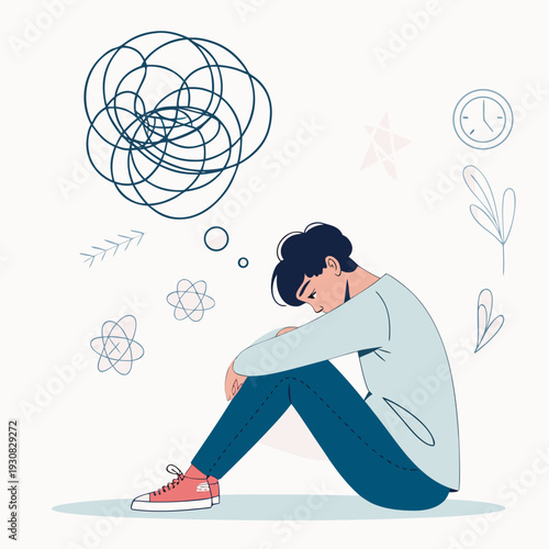 overthinking and anxiety concept illustration of a young adult with chaotic thoughts and tangled lines
