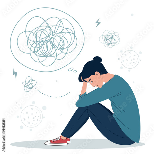 overthinking and anxiety concept illustration of a young adult with chaotic thoughts and tangled lines
