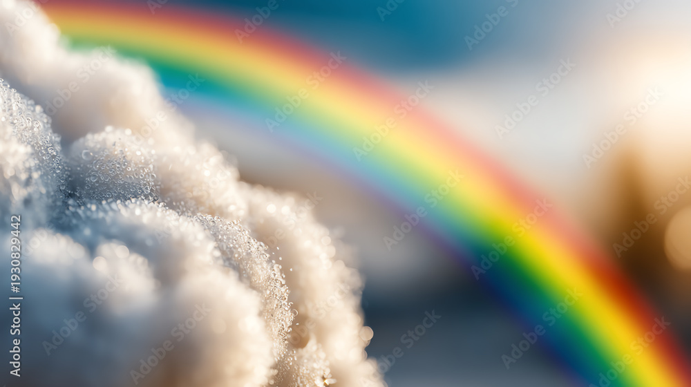 Obraz premium A close-up view of fluffy clouds with a vibrant rainbow in the background, showcasing nature's beauty and serenity.