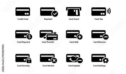 Credit card icons: payment, security, and settings symbols collection